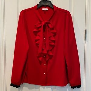 Beautiful long sleeve Calvin Klein red blouse with pearl button & ruffle details